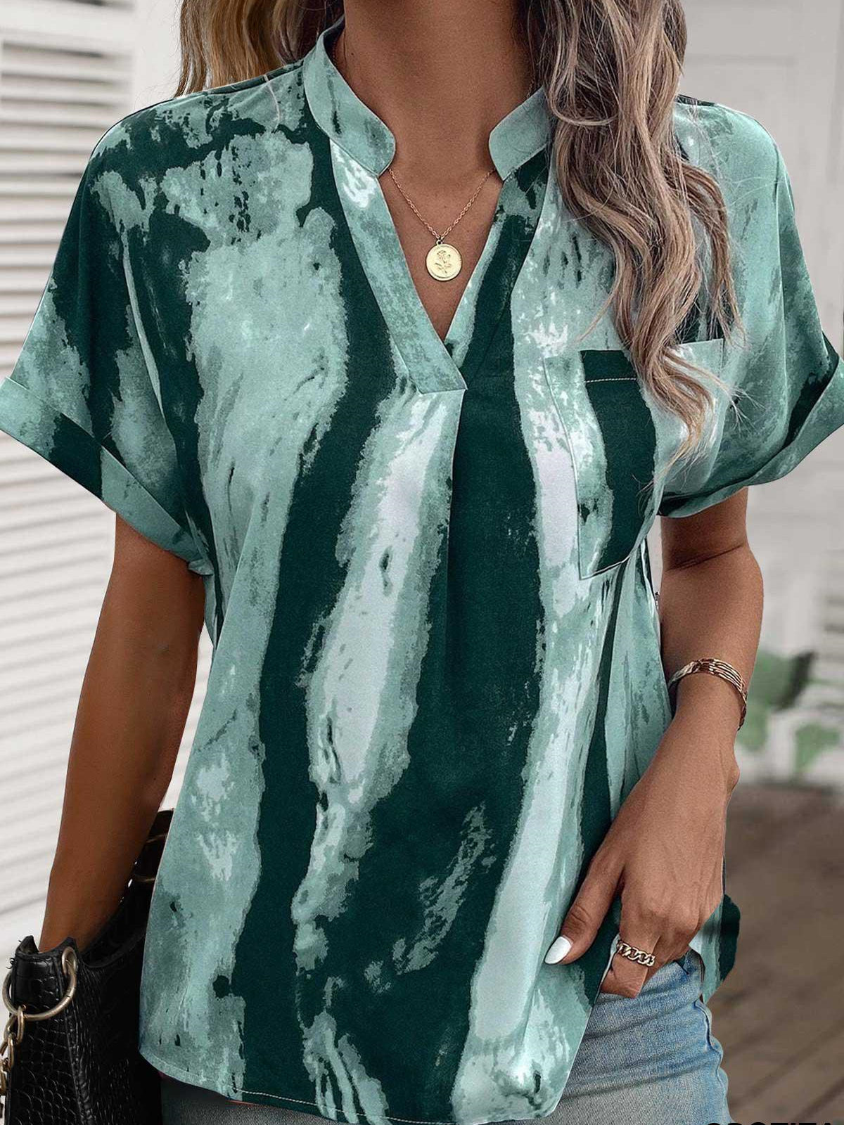 Women Short Sleeve V-neck Striped Printed Graphic Button Tops