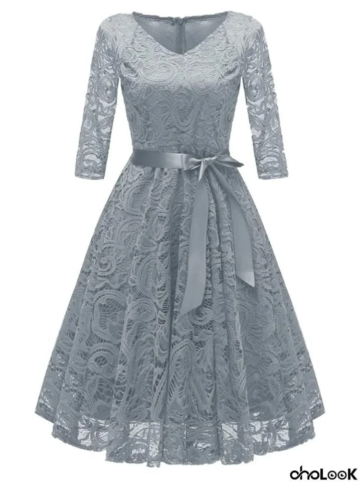 Elegant 3/4 Sleeve 1950s Lace Floral Midi Spring Dress