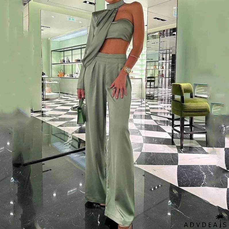 Women Elegant Halter Neck Slash Shoulder Strapless Sexy Crop Top and Wide Leg Pants Two-piece Set
