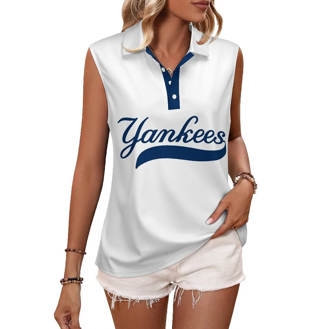 V-neck Sleeveless Casual POLO Shirt Tank Top for Women Printed with Pattern ,Blue