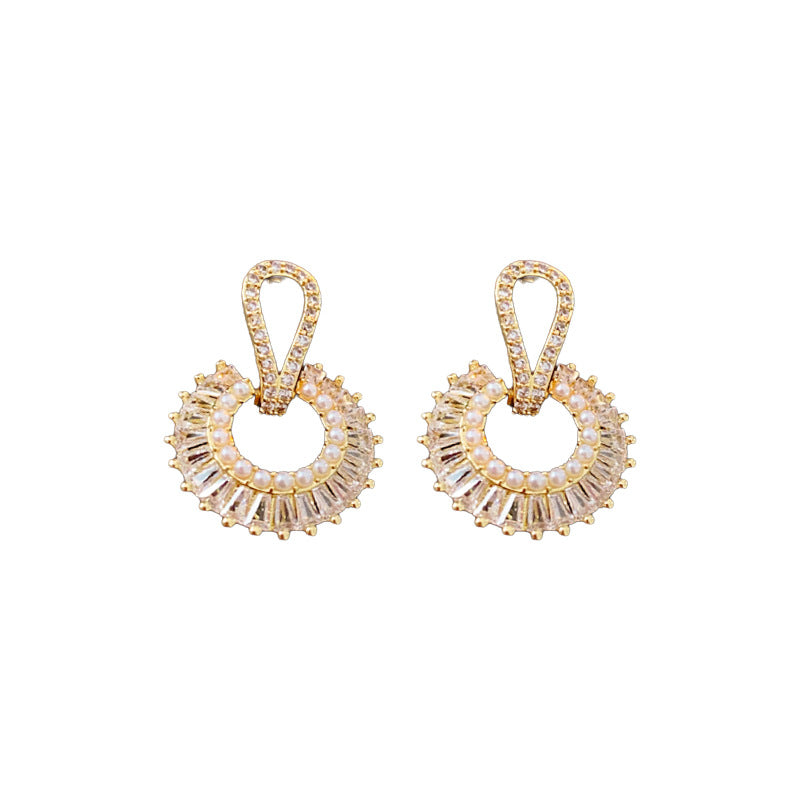 Medieval Round Geometric Artificial Pearl Zircon Inlay Earrings