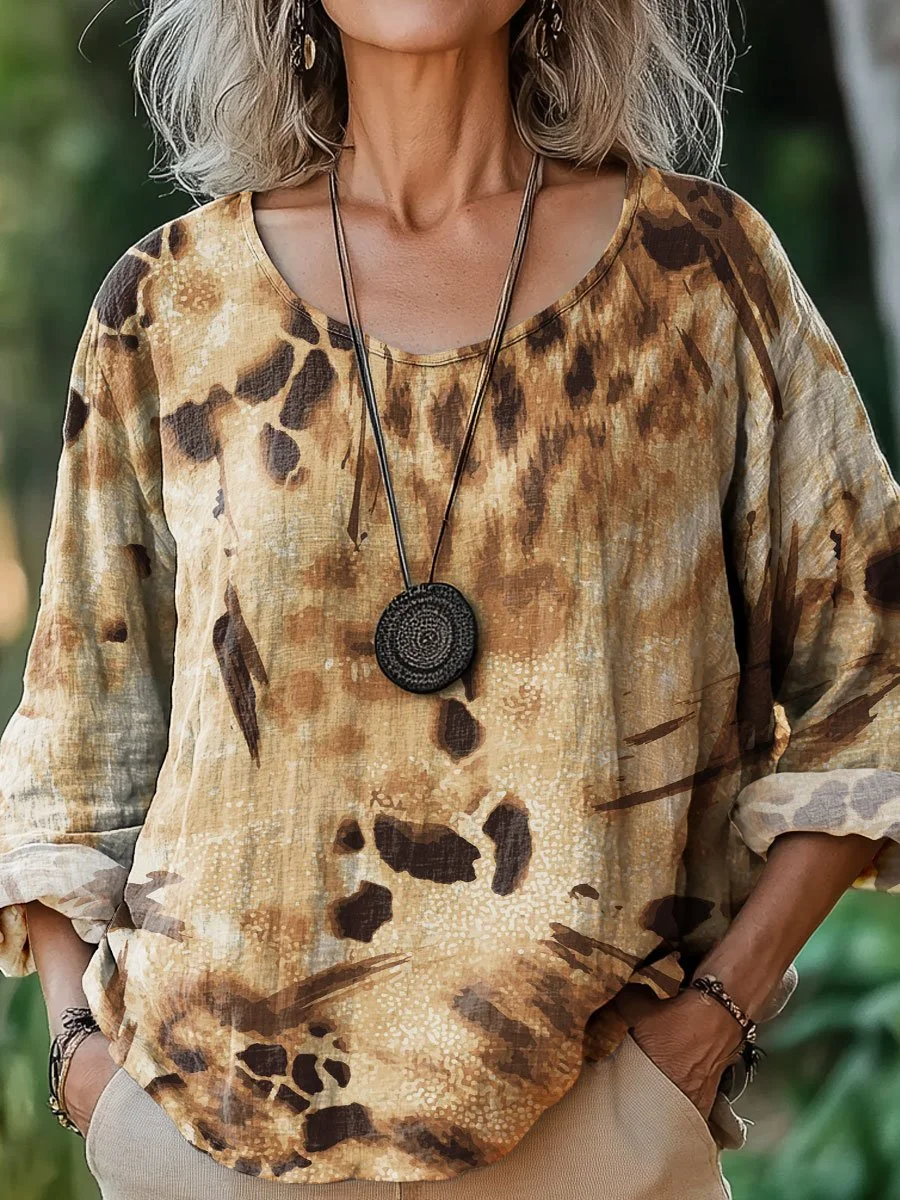 Women's Animal Texture Art Print Casual Cotton And Linen Shirt