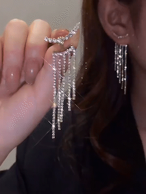 S925 Silver Curved Rhinestone Long Tassel Earrings