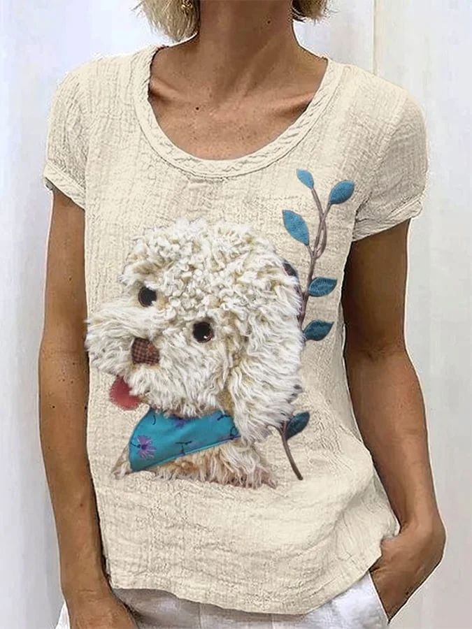 Women's Plush Patchwork Dog Print Linen Shirt