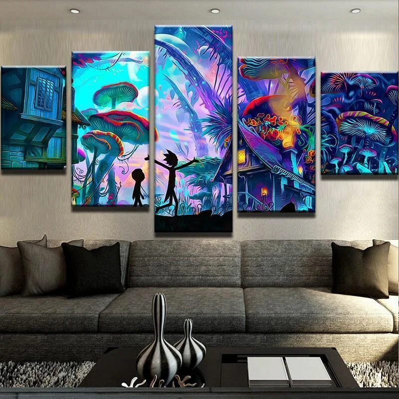 Mushroom World Rick And Morty Canvas Wall Art - vzzhome