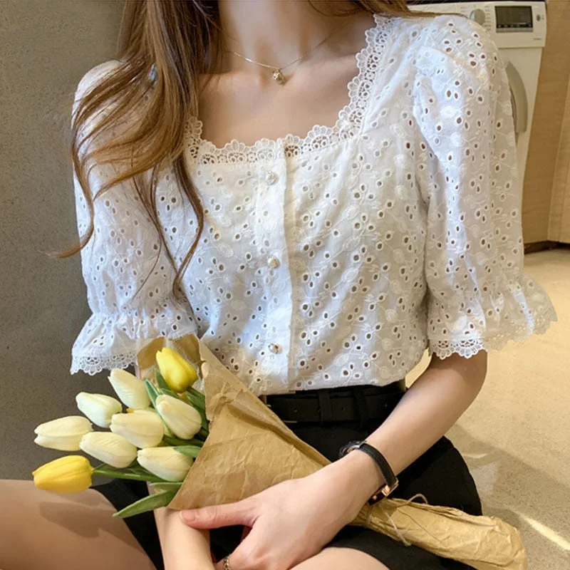 Huiketi Elegant Summer Short Sleeve Woman Shirts Square Collar Hollow Out White Blouse Women 2023 Korean Lace Shirt Blusas 13934 1007