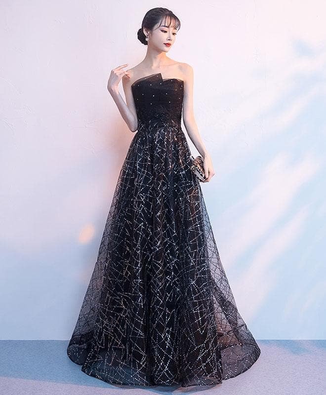 Black Tulle Sequin Long Prom Dress, Black Sequin Evening Dress