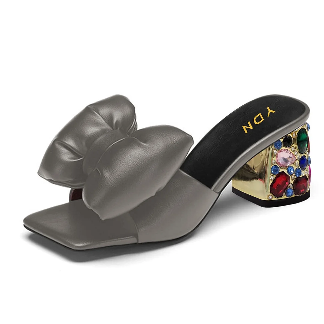 Grey Square Toe Decorative Heel Rhinestone Mules Shoes with Bow