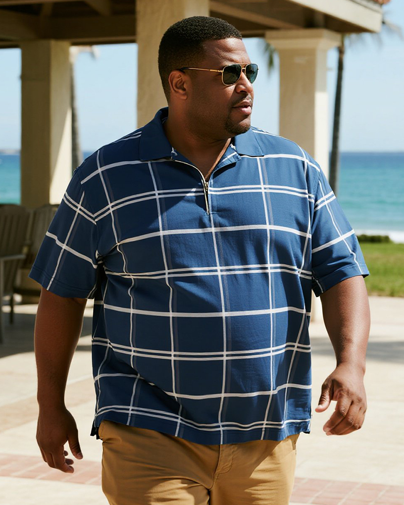 Big & Tall Men's Business Blue Plaid Print Short Sleeve Zipper Polo Shirt