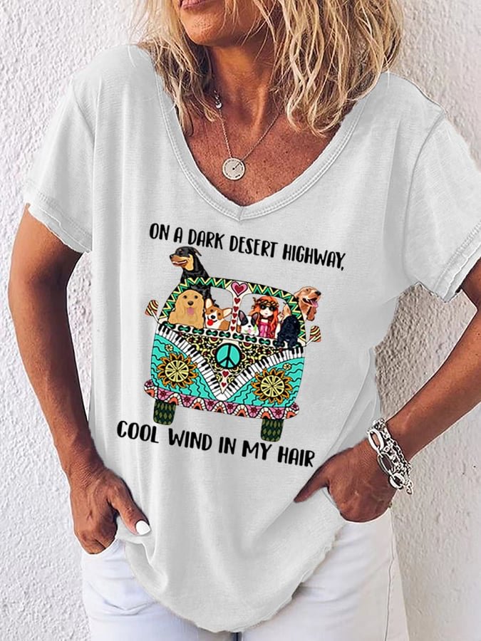 Women's On A Dark Desert Highway Cool Wind In My Hair Dachshund Hippie Casual V-Neck Tee