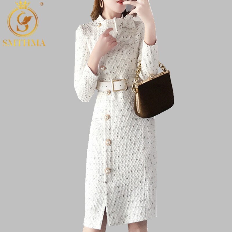SMTHMA 2022 New Arrival Autumn And Winter Runway Women Elegant Tweed Dress Bow Collar Long Sleeve Female Fashion Chic Vestidos