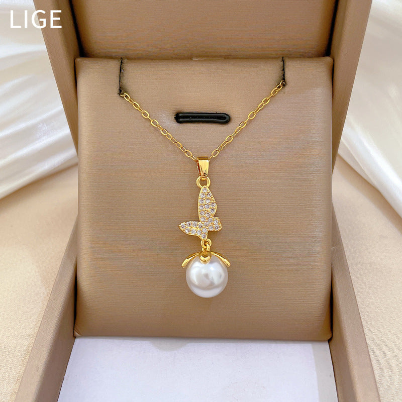 Super Fairy Pearl Butterfly Full Diamond Gorgeous Full Diamond Necklace Female Versatile Clavicle Chain Titanium Steel