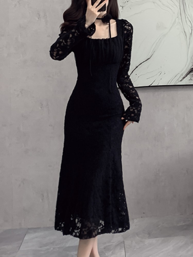 Chatztokens stylish dresses New Women Elegant Bodycon Slim Casual Lace Dress Flare Sleeve Vintage Solid Chic Party Dresses Female Cocktail Robe Clothings