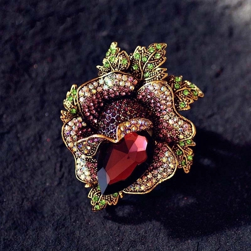 Retro Pin Flower Alloy Inlay Artificial Gemstones Crystal Women’S Brooches