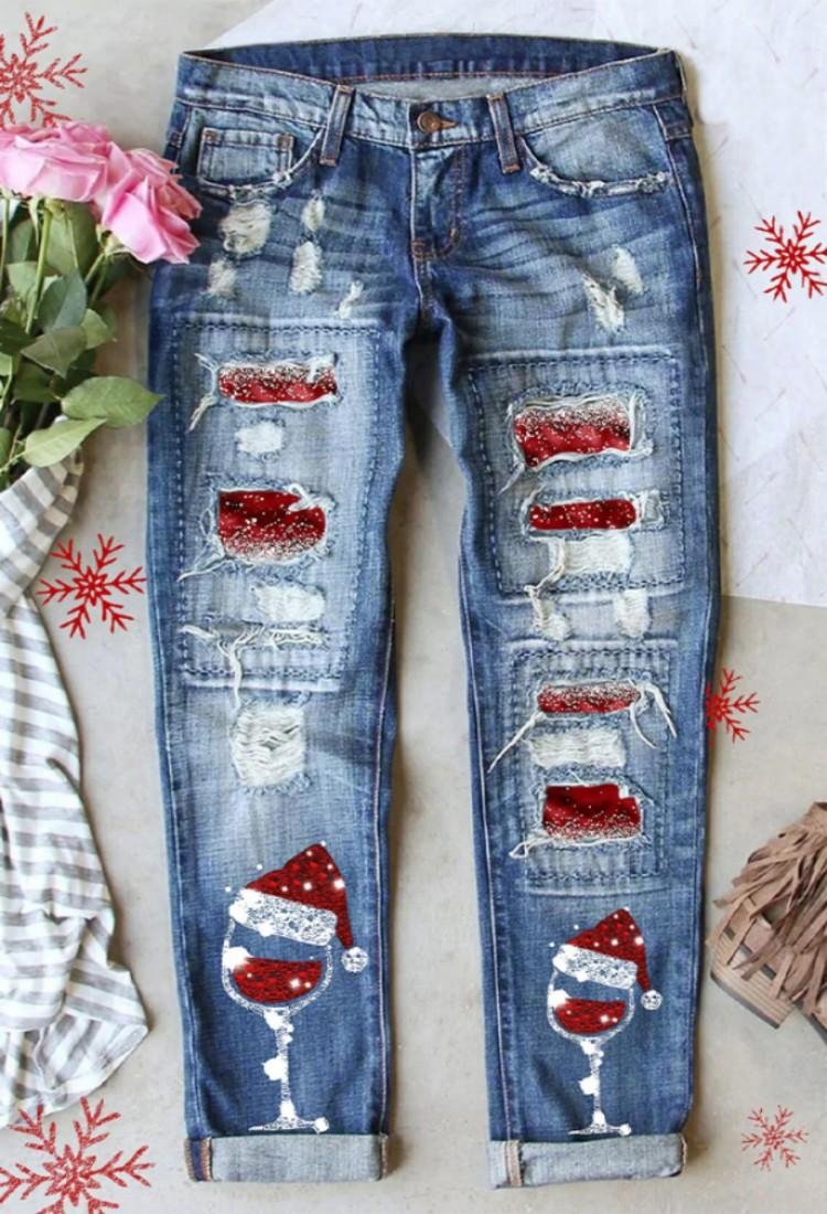 Christmas Wine Glass Print Loose Straight Jeans
