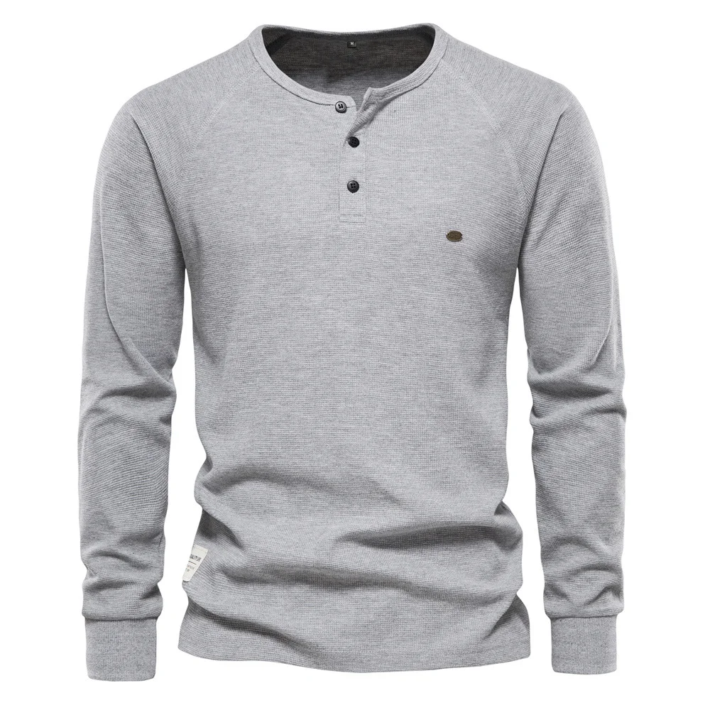 Men Henley Collar Shirt Long-sleeved Solid Color T-shirt  Men's Pullover Henley Collar Shirt