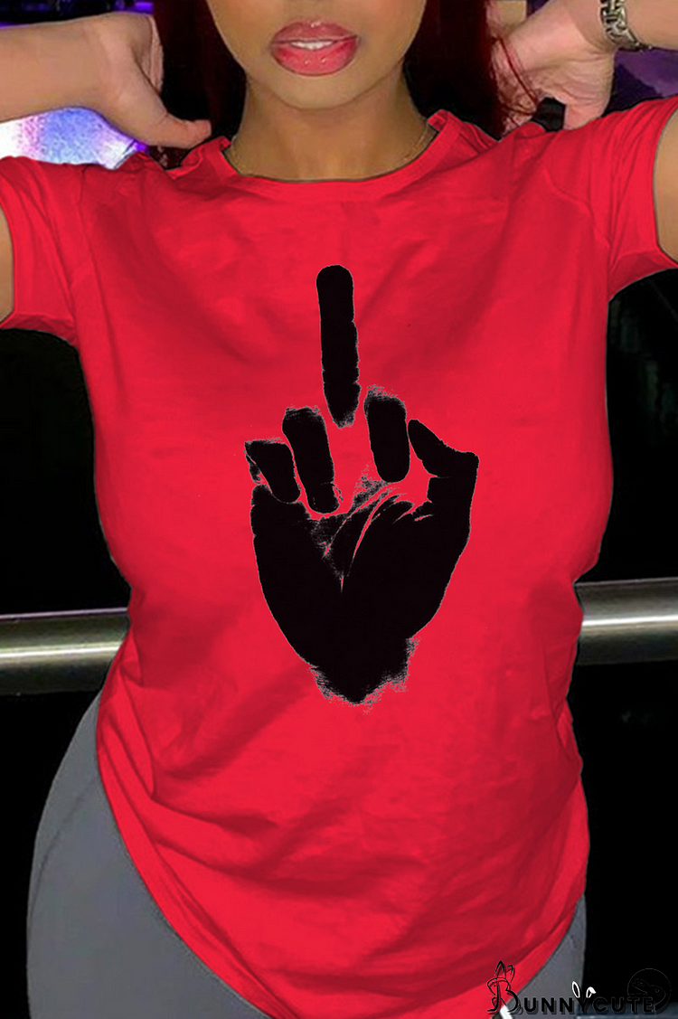 Red Casual Daily Print Patchwork O Neck T-Shirts