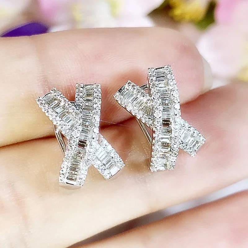 Fancy X Shaped Stud Earrings with Dazzling White Cubic Zirconia Luxury Earrings for Women Wedding Party Statement Jewelry