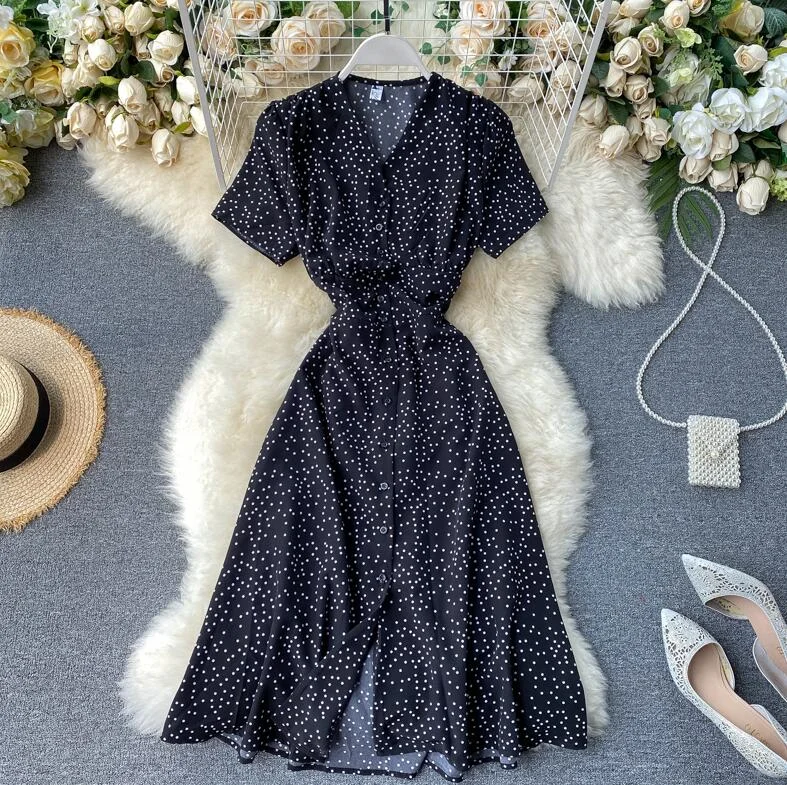 Vintage Polka dot print Chiffon Dress Women 2020 Summer V-neck Single-breasted Short sleeve Dresses Casual Vestidos Mujer