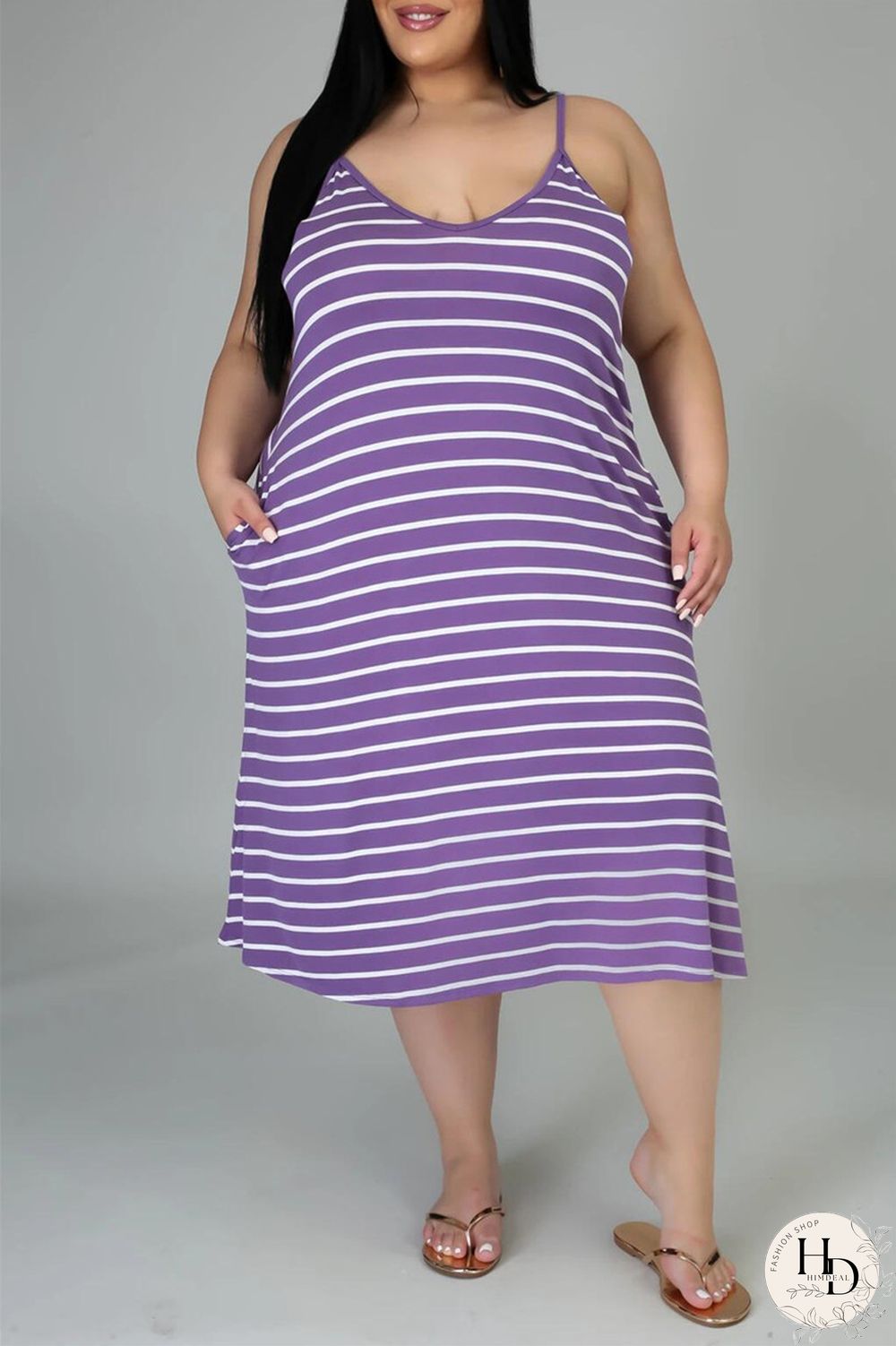 Deep Blue Sexy Casual Plus Size Striped Print Backless Spaghetti Strap Sleeveless Dress