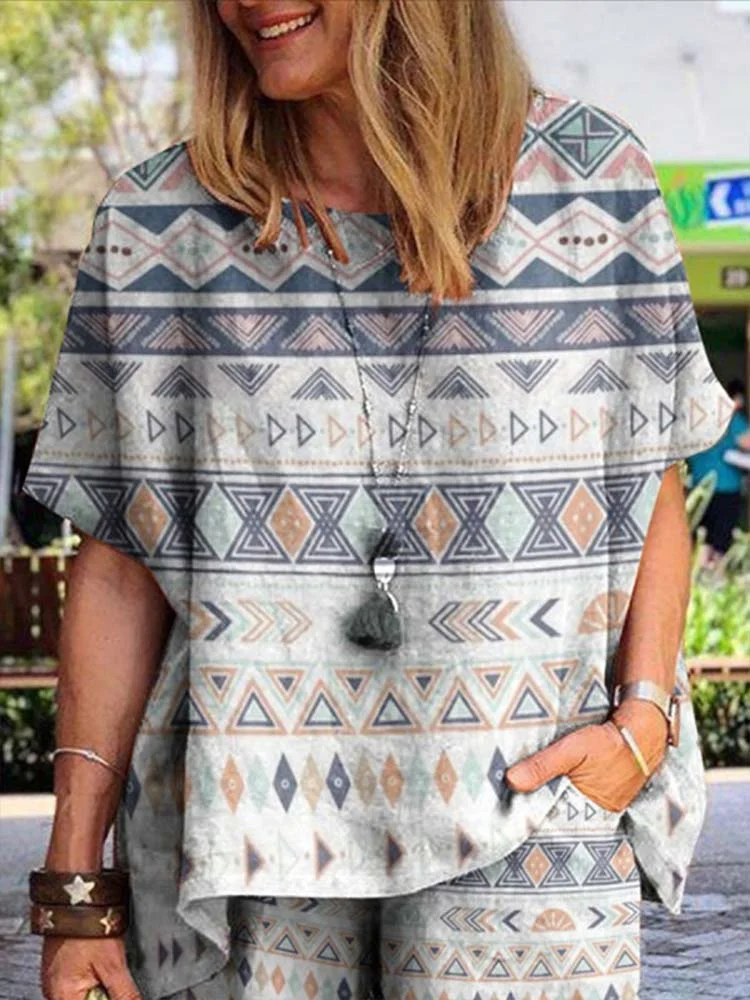 Cotton&Linen Casual Loose Short Sleeve Shirt Printed Two Piece Set