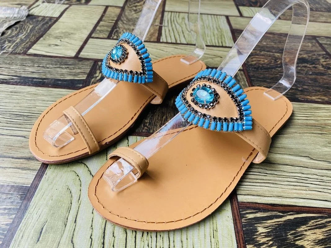 Large size ladies sandals 2021 summer new style 36-43 size evil eyes sky sapphire set toe flat sandals slippers sandals za shoes