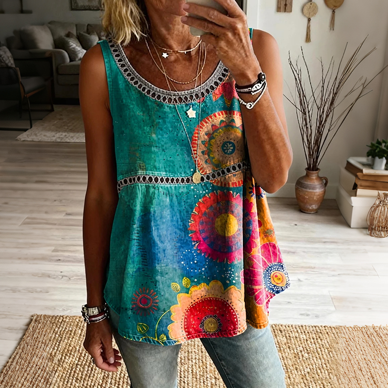 Comstylish Women's Retro Cotton Floral Art Print Casual Sleeveless Hollow-out Cotton Linen Vest