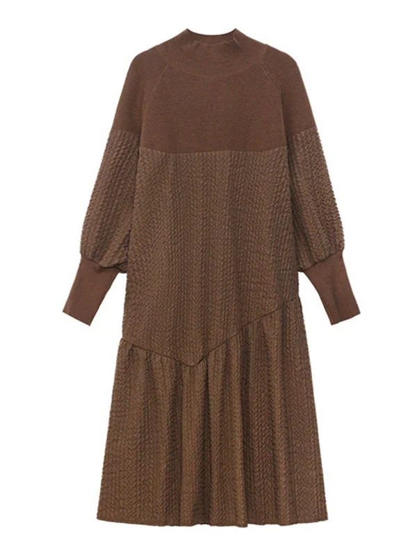 Casual Pure Color Split-Joint Pleated High-Neck Long Sleeves Sweater Dress