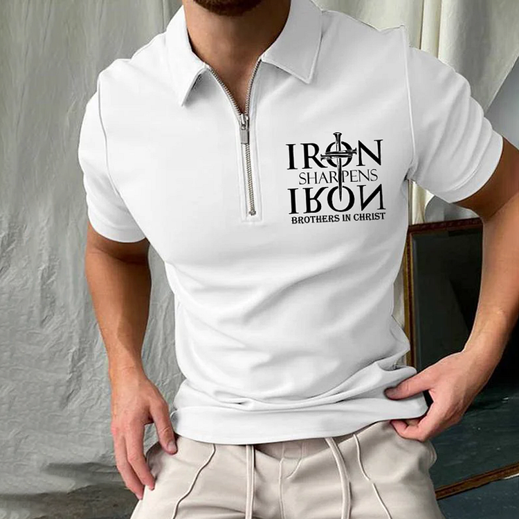 BrosWear Men's Christian Faith Iron Sharpens Iron Zipper Polo Shirt