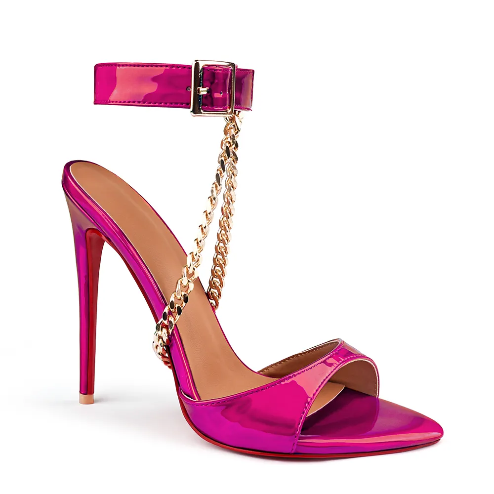 120mm/100mm/80mm Women's Sandals Removable Chain Ankle Strap Pointed Toe Colorful Mules Red Bottom Heels-vocosishoes