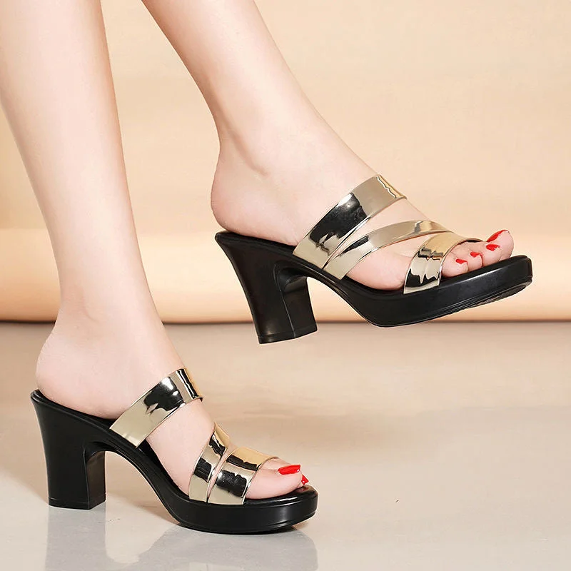 2021 Summer Ladies Sandals High Heel Platform Slippers Fashion Bright Leather Comfortable Open Toe Casual Shoes