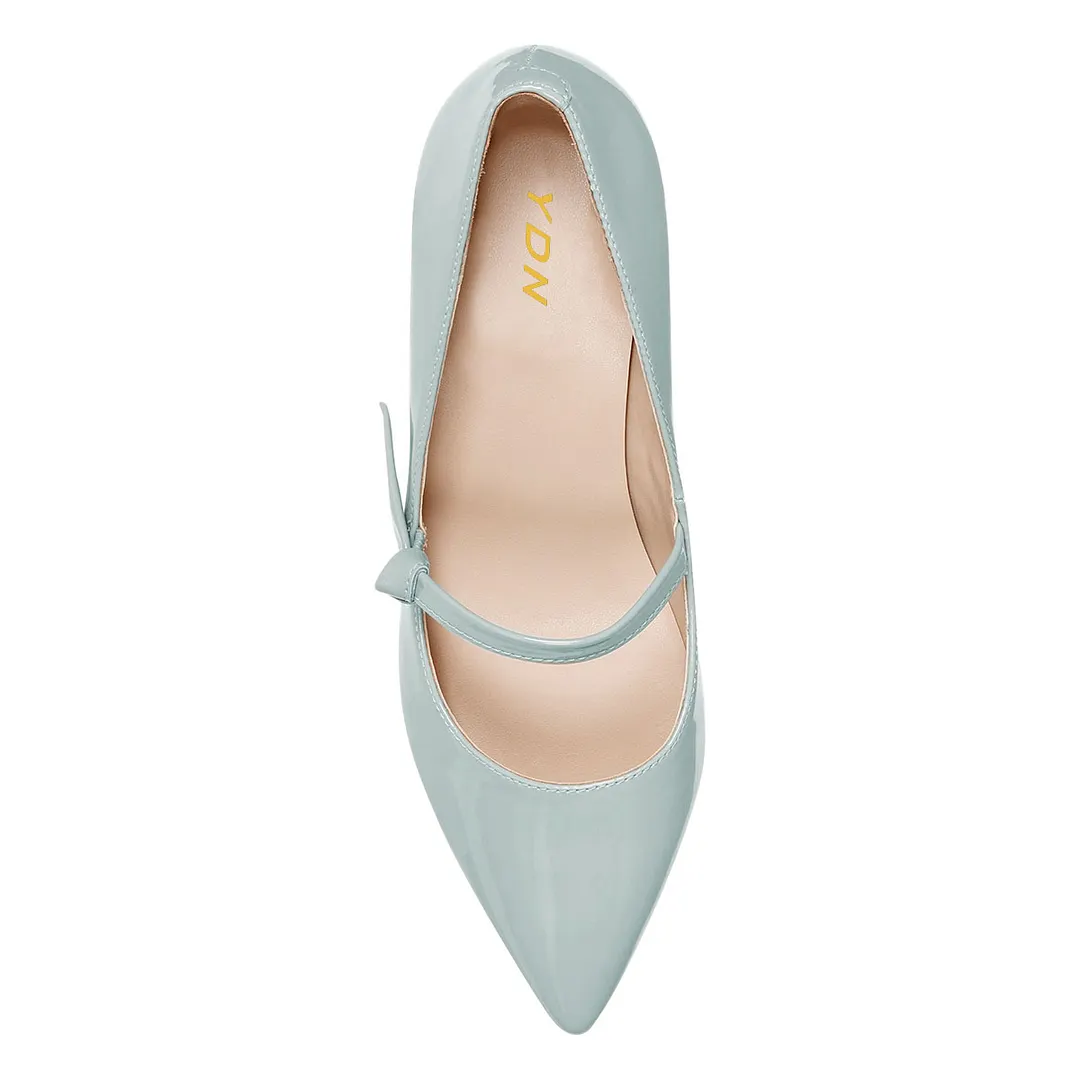Light Blue Patent Leather Pointed Toe Kitten Heel Mary Jane Pumps