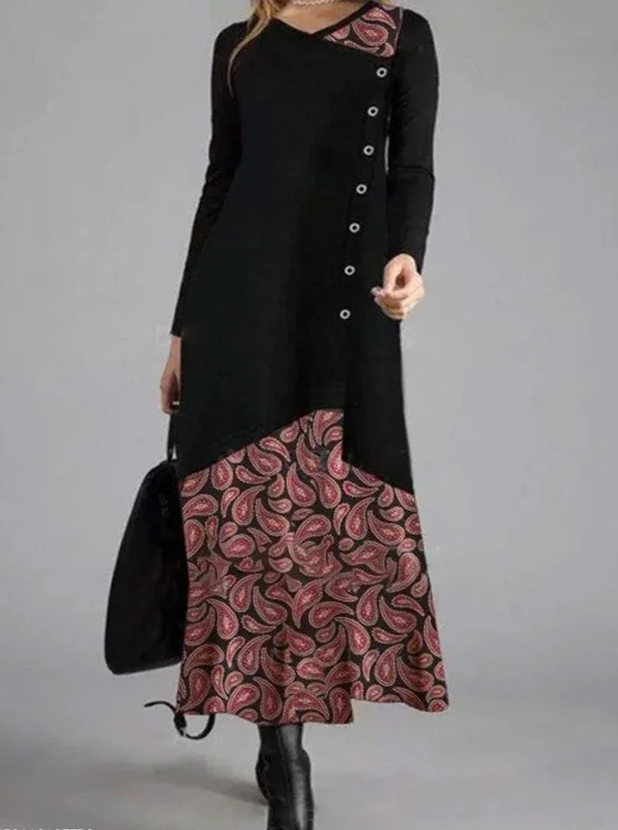 V-Neck Print Teaching Loose Casual Long-Sleeved Maxi Dress Black Dresses