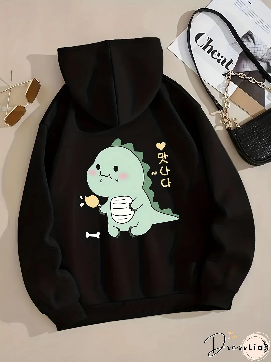 Cartoon Dinosaur Graphic Long Sleeve Fleece Hooded Sweatshirts Print Drawstring Sports