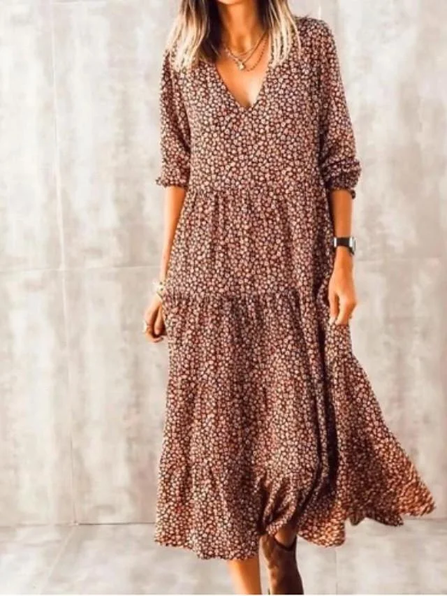 Women's Swing Dress Midi Dress - Long Sleeve Print Print Spring Summer Casual Boho vacation dresses Lantern Sleeve  Brown S M L XL XXL 3XL