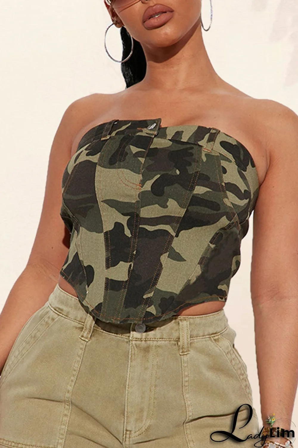 Camouflage Sexy Print Patchwork Asymmetrical Strapless Tops