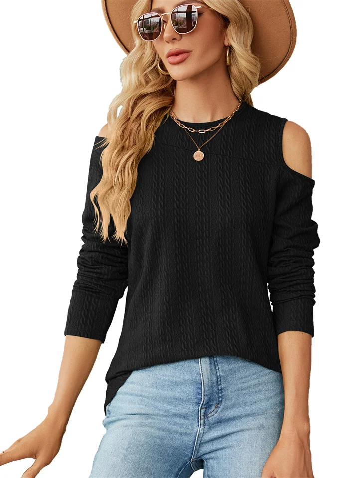 Autumn New Solid Color Round Neck Strapless Loose Temperament Commuter Long-sleeved T-shirt Casual Tops Female