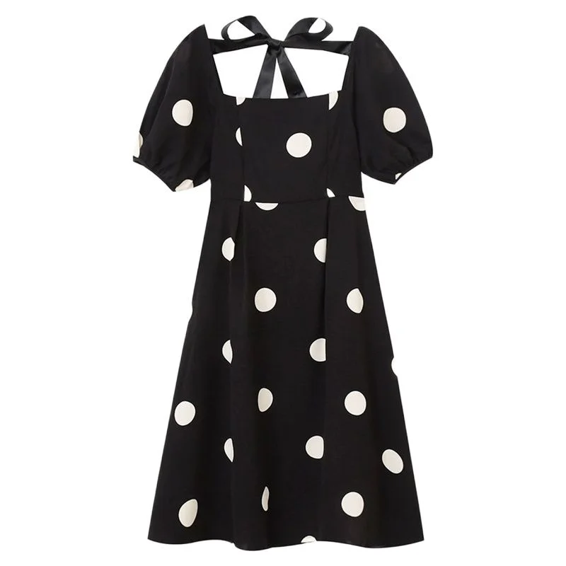 Women&#39;s White Dress Polka Dots Square Neck Bow-Knot Lacing Puff Short Sleeve Casual Vintage High Waist Long Skirt Ladies Summer