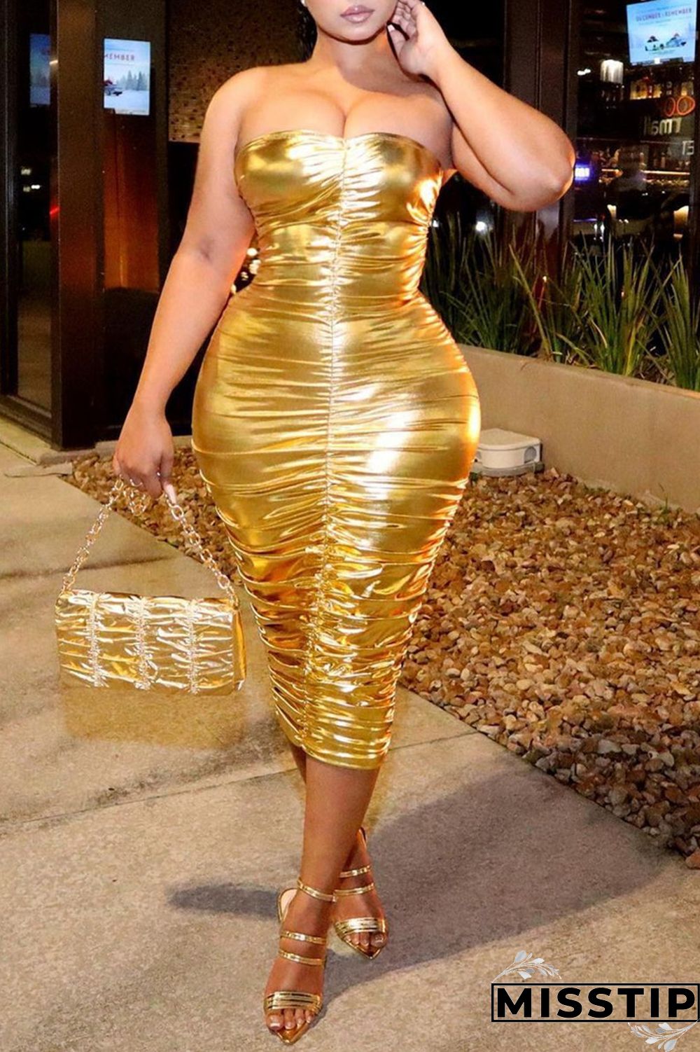 Golden Yellow Sexy Solid Fold Strapless Sleeveless Dress