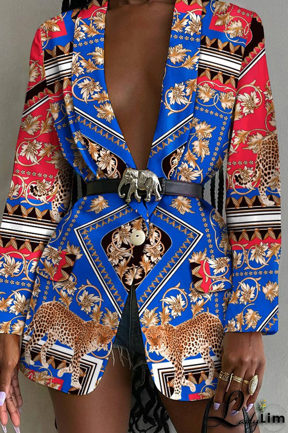 Multicolor Fashion Casual Print Patchwork Turn-back Collar Outerwear (Without Belt)