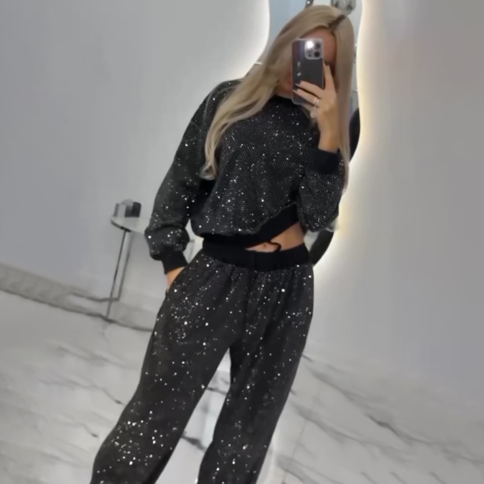 Women's Full Sleeve Long Round Neck Top Drawstring Wide Leg Two Piece Set