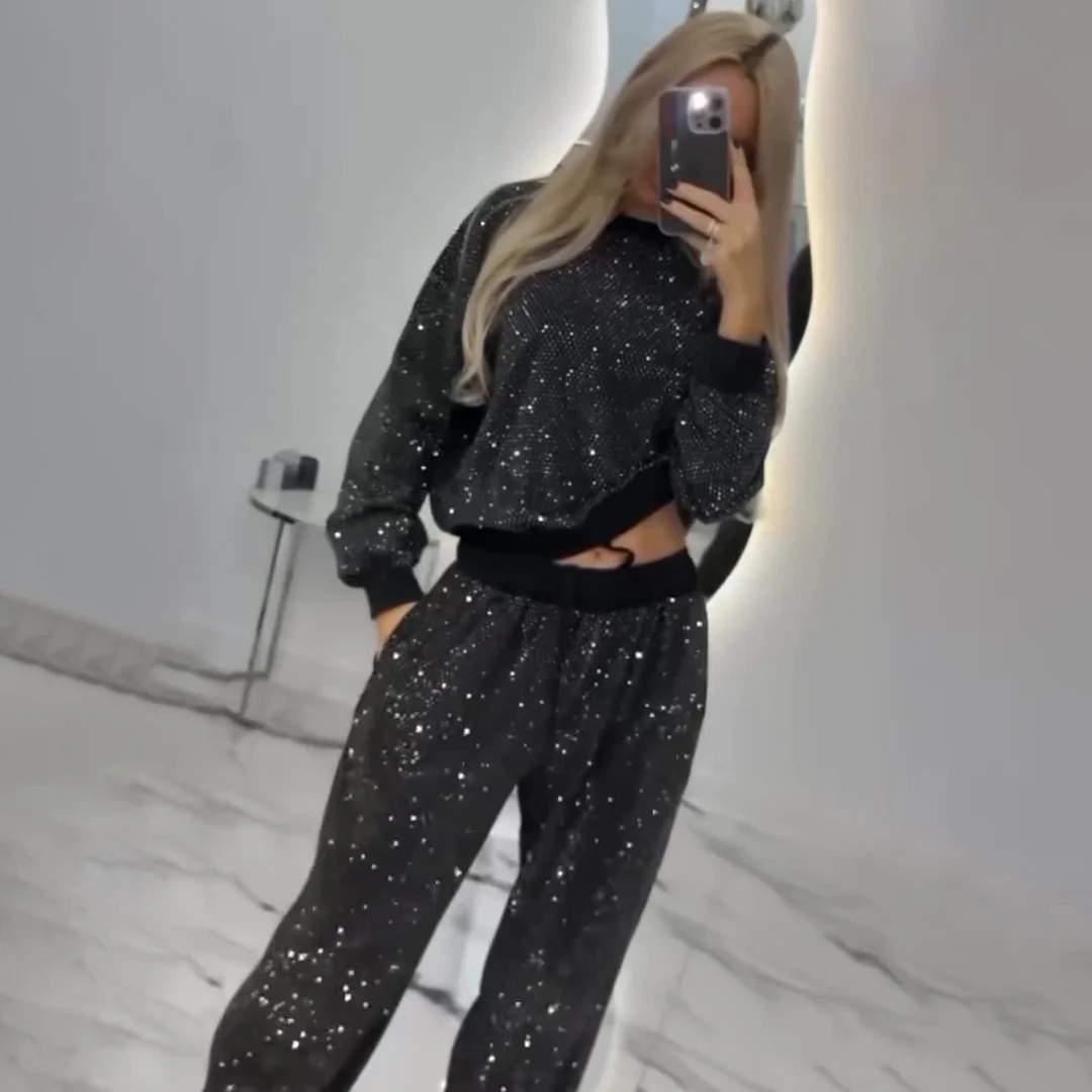 Women's Full Sleeve Long Round Neck Top Drawstring Wide Leg Two Piece Set