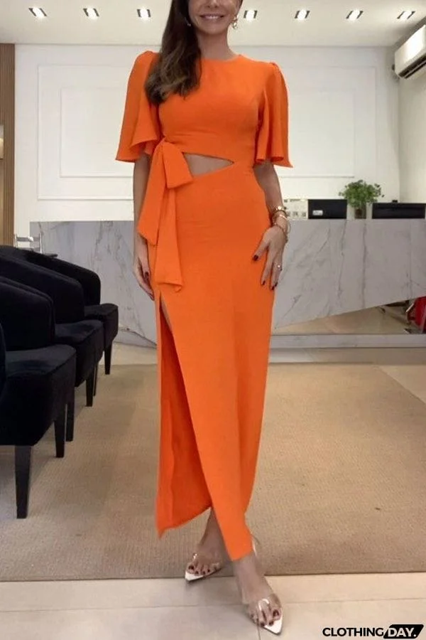 New Level of Beauty Bell Sleeve Cutout Waist Backless Maxi Dress