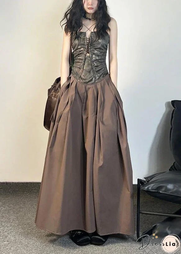 Unique Coffee Pockets Patchwork Cotton Spaghetti Strap Dress Sleeveless