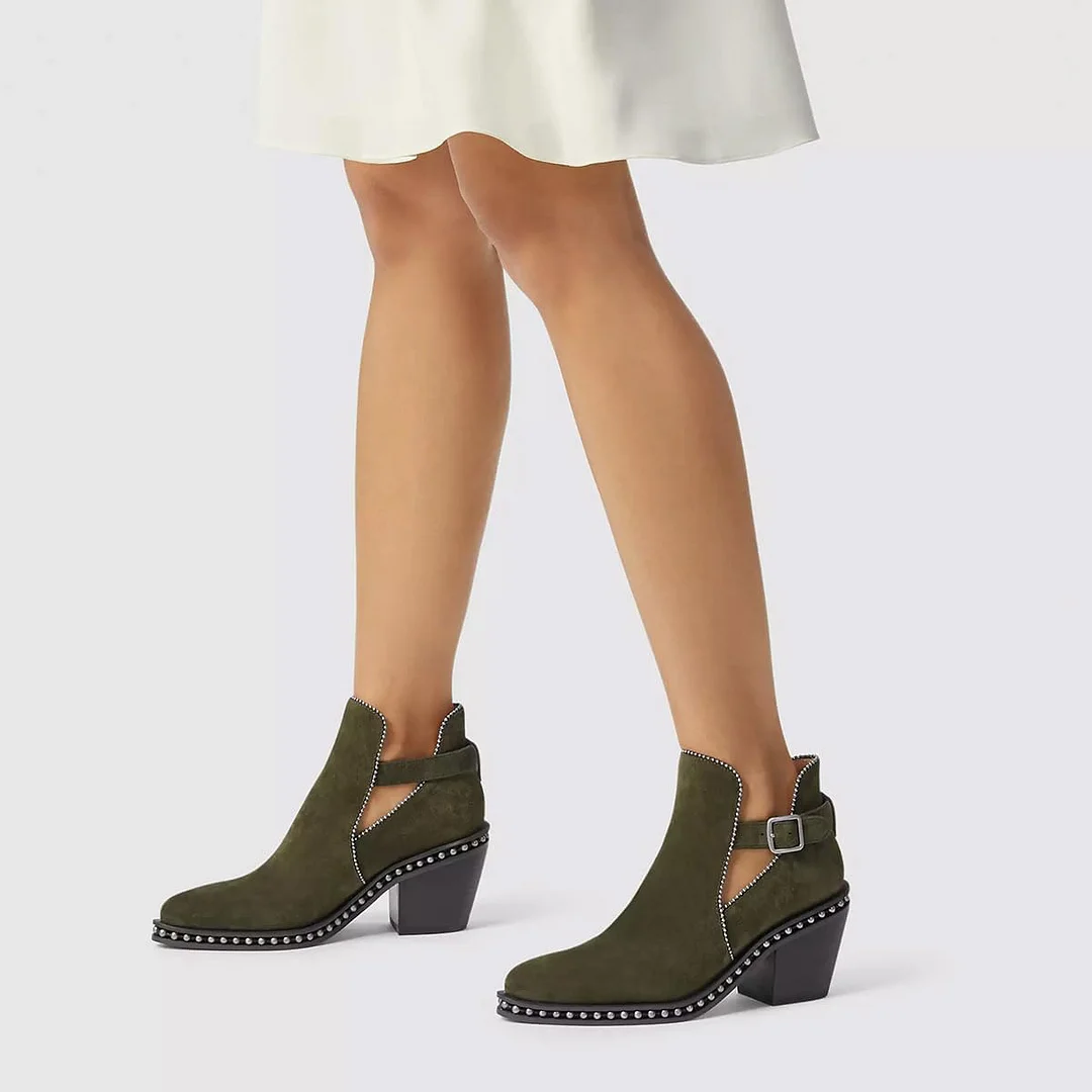 Faux Suede Ankle Strap Studded Olive Chunky Heel Short Boots for Women