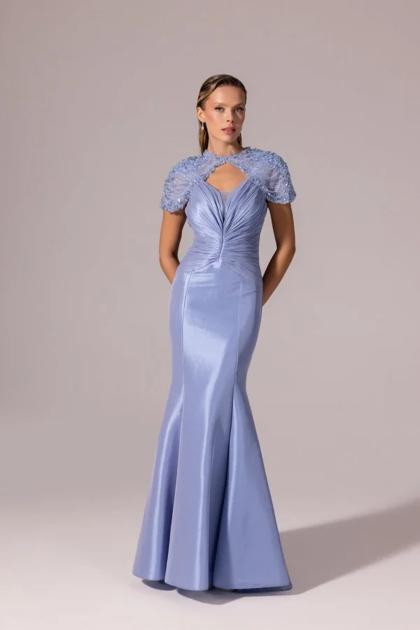 Miabel Luxurious Beaded V Neck Mermaid Sleeveless Pleated Prom Dress with Shawl 