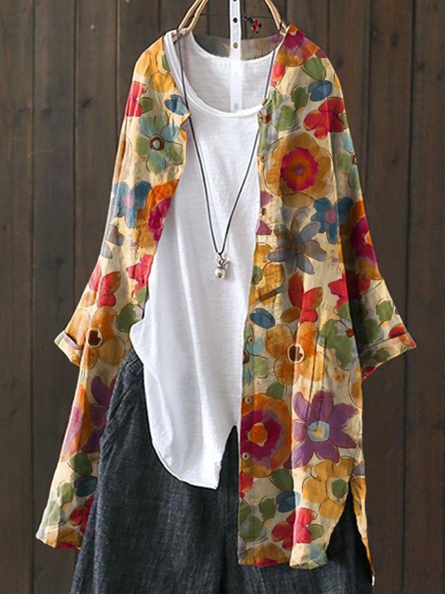 Women's Colorful Hand-painted Floral Print Loose Casual Top Jacket
