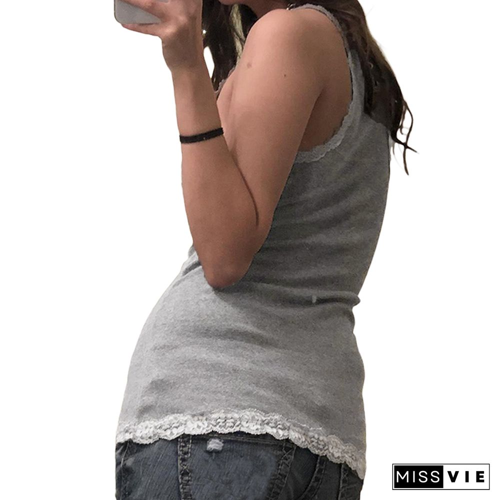 Hirigin Y2K Grey Lace Crop Top V Neck Strap Cute Sweet Mini Vest Backless Vintage Women Basic Corset Sweats Summer Party Tee