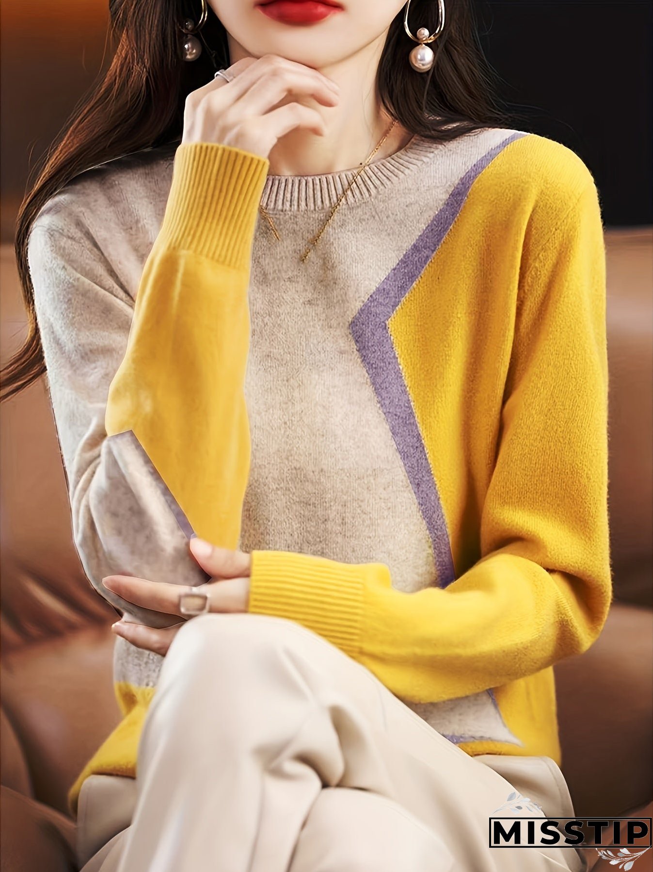Color Block Knitted Sweater Womens Clothing Casual For Spring Fall
