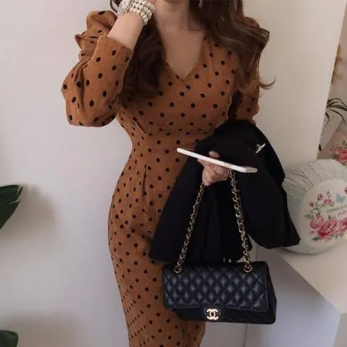 French Style Spring & Autumn Womens Casual Polka Dot Print A-Line Party Corduroy Dress